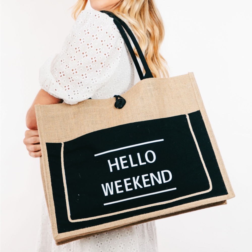 Black Hello Weekend Summer Burlap Tote Bag